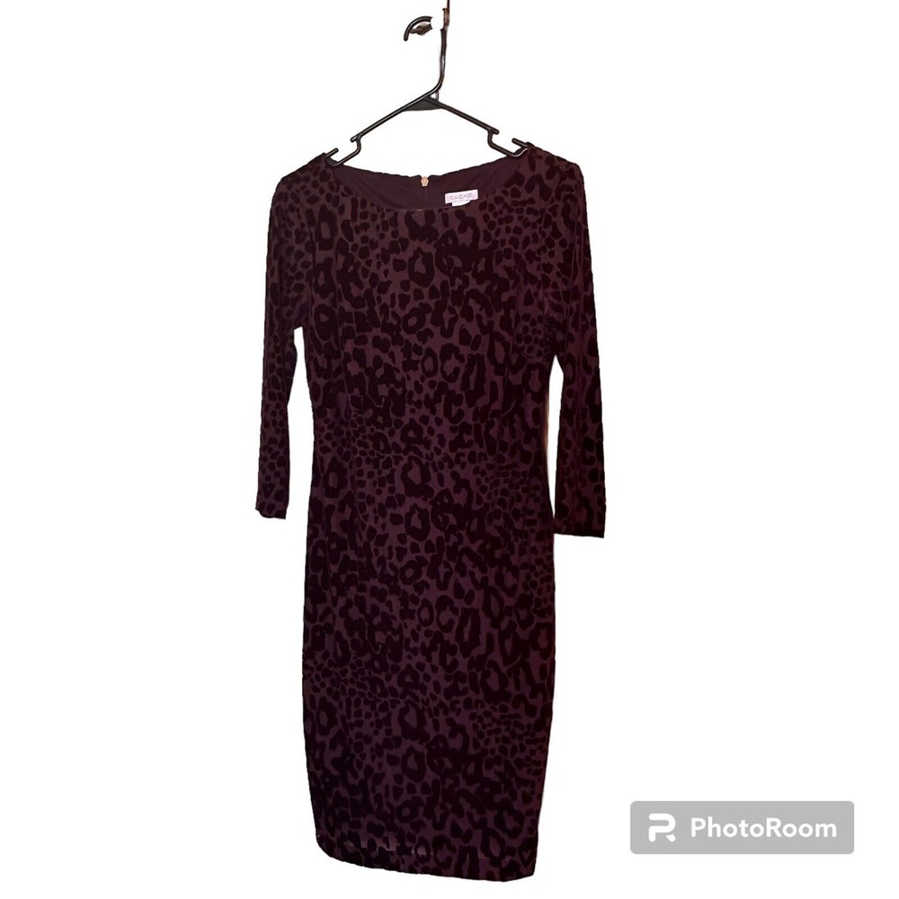 Cache Purple‎ Leopard Y2K Velvet Bodycon Cocktail Dress 3/4 Mesh Sleeve Size 6